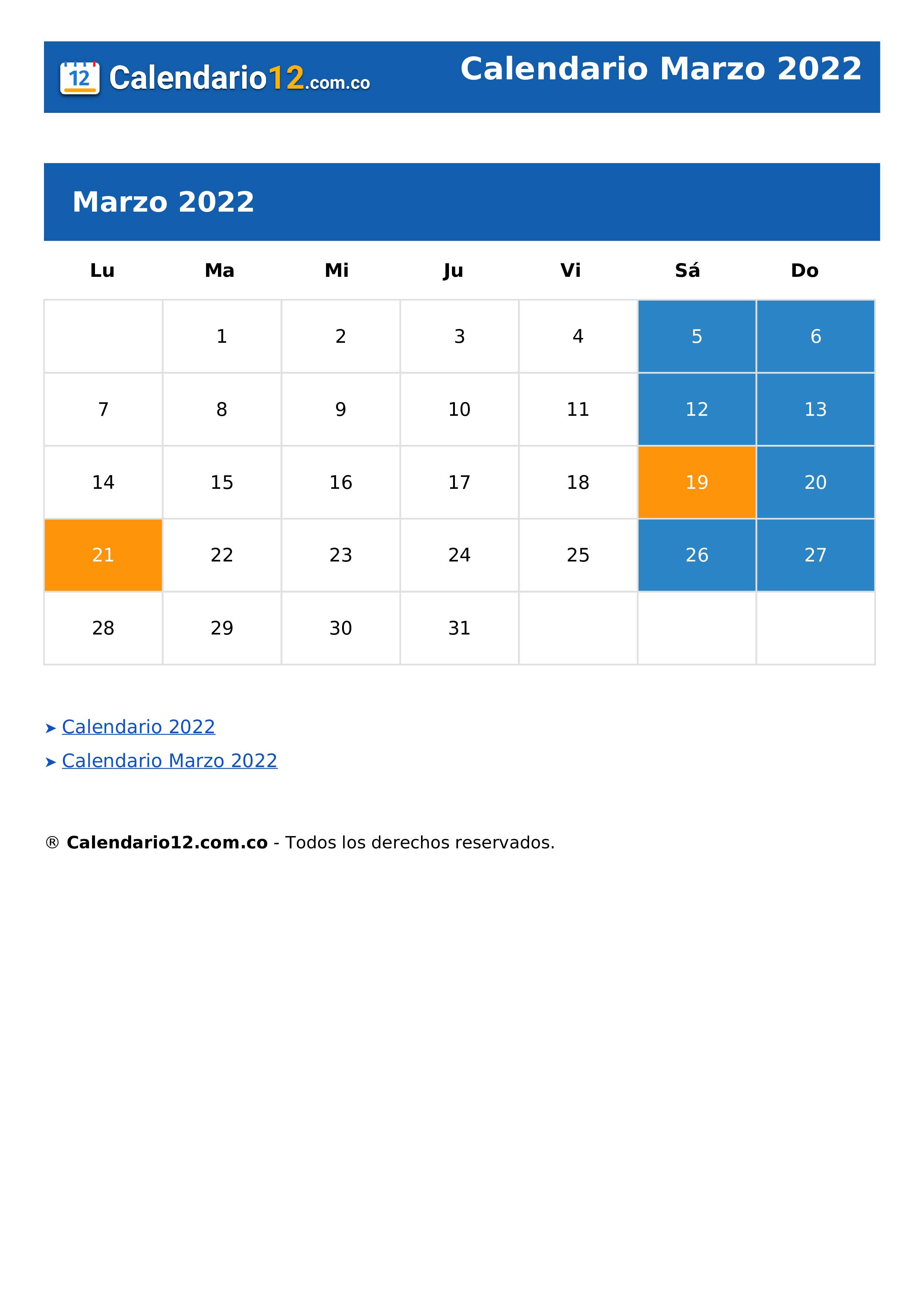 Calendario Marzo 2022
