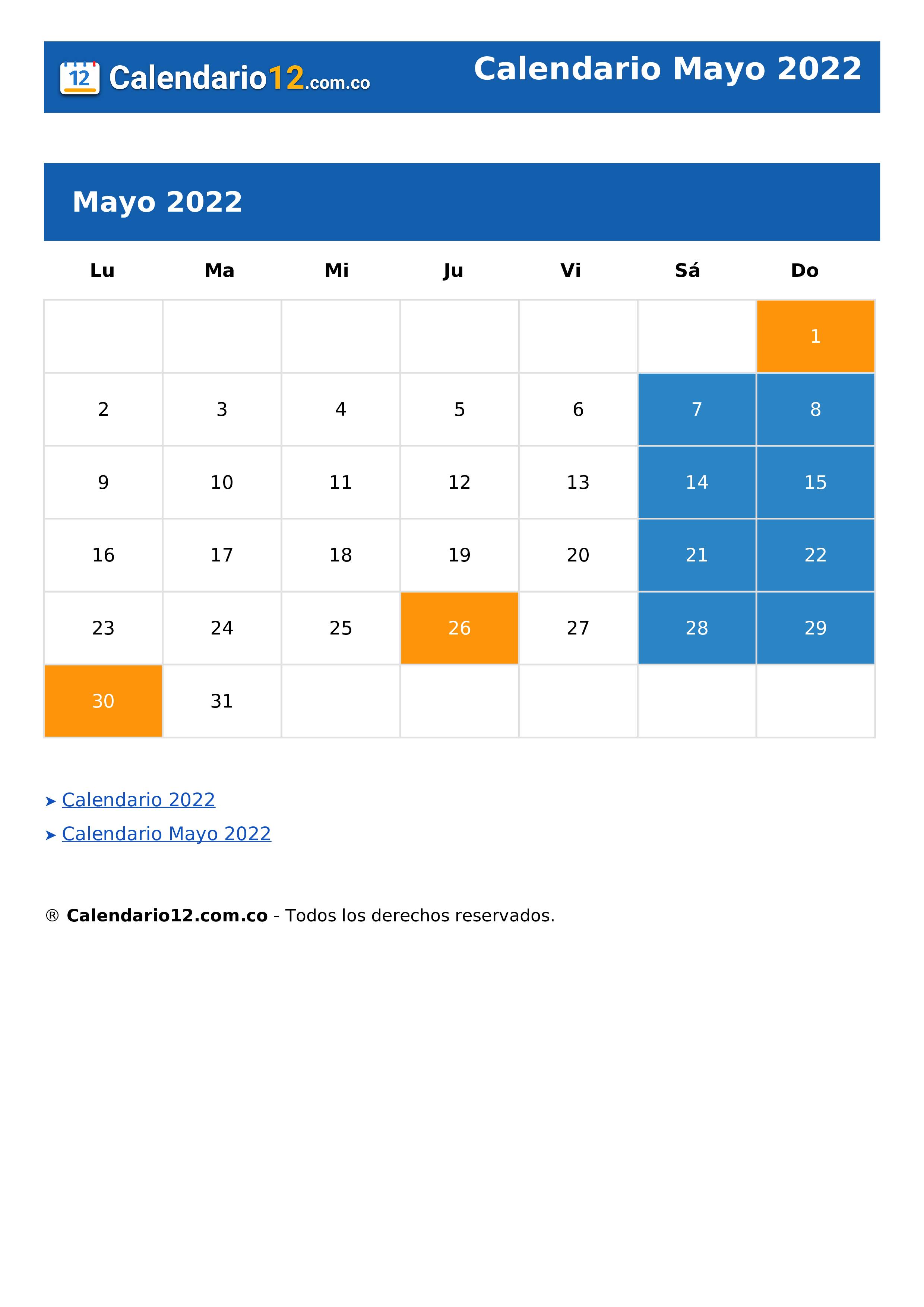 Calendario Mayo 2022